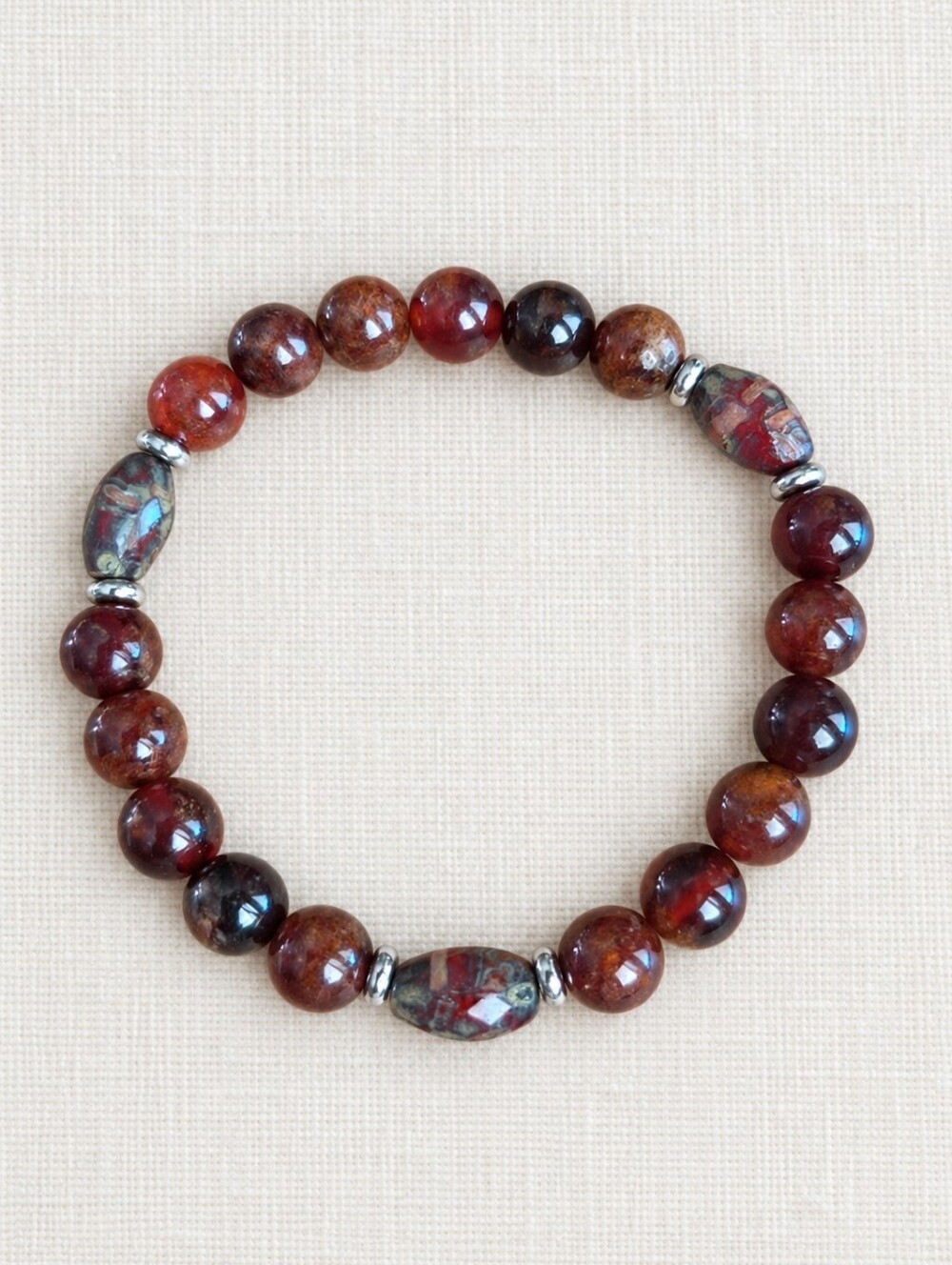 Hessonite Garnet & Czech Glass Beads Stretch Bracelet | Handmade